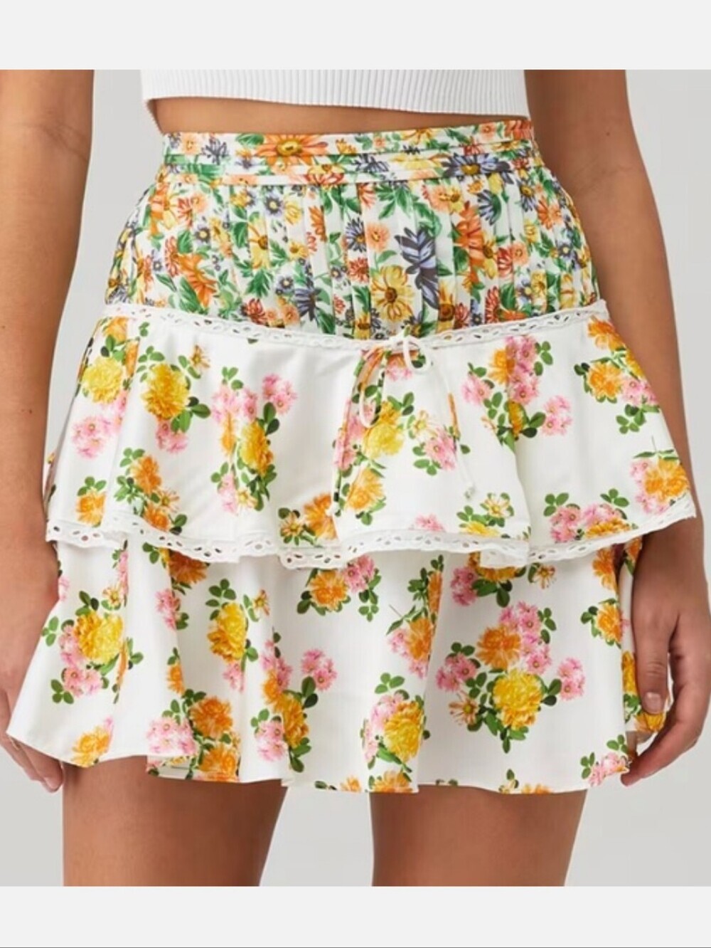For Love & Lemons Roselyn White Floral Mini Skirt with Yellow & Pink Flowers